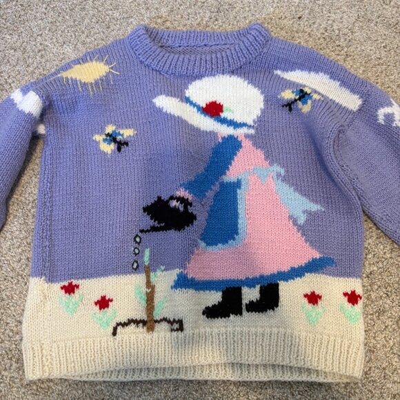 Handknit Vintage children sweater graphic cute 6 yrs purple spring cottagecore - Picture 6 of 14